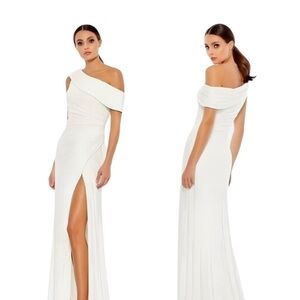 Ieena for Mac Duggal Fold Over Ruched One Shoulder White Dress (Hemmed)